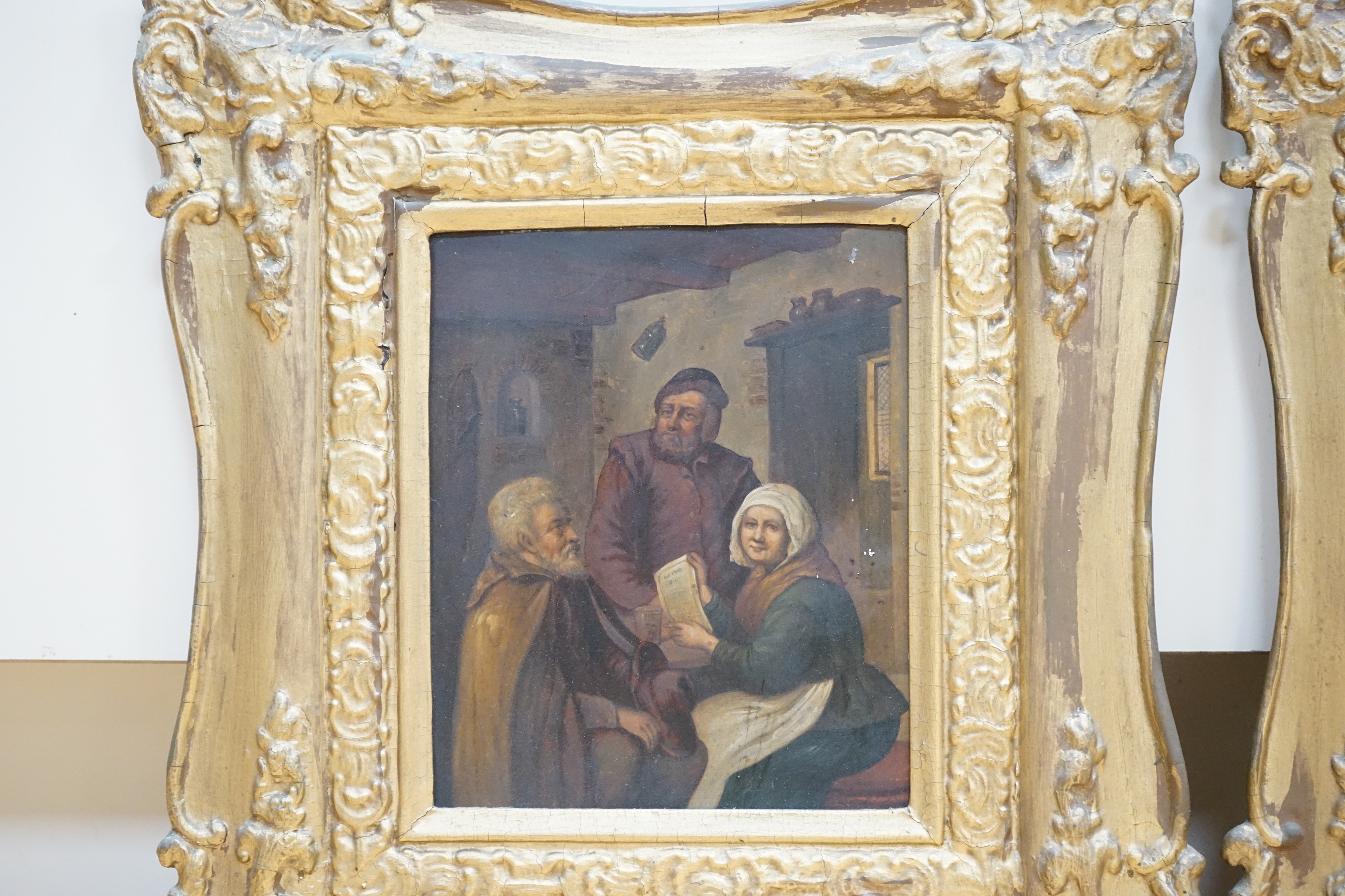 19th century German School, pair of oils on zinc, Interior scenes with figures, unsigned, 19 x 16cm, ornate gilt framed